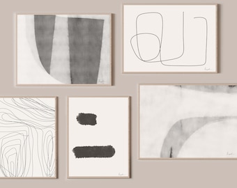 Grey Tone Gallery Wall, Set of 5 Prints, Neutral Abstract, Single Line Drawing, Line Print, Original Artwork, Modern Art, Apartment Décor