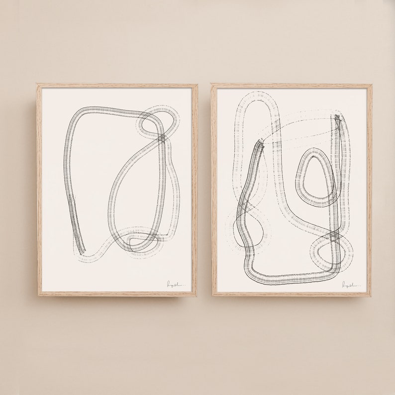 Abstract Art Set of 2, Line Art Print Set, Line Drawing, Large Modern Poster, Neutral Tone Art