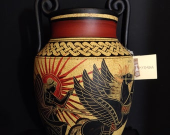 Handmade Krater Vase, Greek Mythology Decor, Apollo, Hermes, Athena