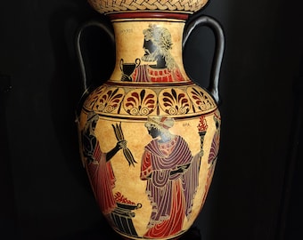 Amphora with depictions from the ancient Greek mythology (Zeus, Hera, Demeter, Poseidon, Aphrodite, Dionysus, Apollo) - hand made replica