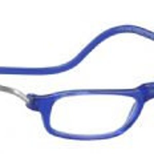 May include: Blue reading glasses with a flexible, blue neck strap. The glasses have a rectangular shape and clear lenses.