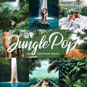 May include: A collage of images featuring lush green foliage, waterfalls, and tropical landscapes. The text "Jungle Pop" is superimposed over the images, indicating a mobile Lightroom preset.