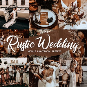 Könnte beinhalten: Rustikale Hochzeit Mobile Lightroom Presets zum Bearbeiten von Fotos. Die Presets sind so konzipiert, dass Fotos einen warmen, Vintage-Look erhalten. Das Bild zeigt eine Vielzahl von Fotos, die mit den Presets bearbeitet wurden, darunter ein Brautpaar, ein Hochzeitsfest und ein Blumenstrauß.