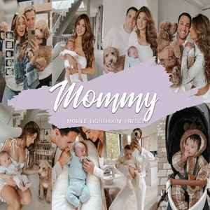 May include: A collage of photos featuring a family with a baby and a dog. The photos are arranged in a grid pattern and include a variety of poses and settings. The text "Mommy Mobile Lightroom Presets" is displayed in a large font at the bottom of the collage.