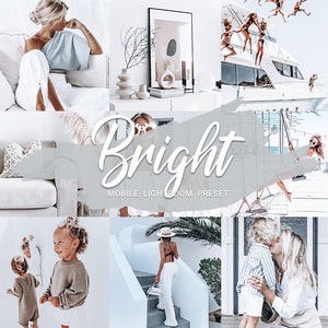 May include: A collage of images featuring a bright and airy aesthetic. The images include a woman sitting on a white couch, a woman in a white dress standing on a white staircase, a woman in a white dress sitting on a swing, and a woman in a white dress standing on a white boat. The text "Bright Mobile Lightroom Preset" is featured in the center of the collage.
