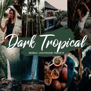 May include: A collage of images showcasing a tropical theme with dark tones. The images include a woman in a black swimsuit, a waterfall, a tropical house, a woman in a white shirt, a passion fruit, and a tropical island.