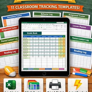 May include: A digital teacher planner bundle with 11 classroom tracking templates. The image shows a tablet displaying a grade book, surrounded by various tracking forms. Text includes "Teacher Planner Excel Bundle" and "For Grades K-12 | Easy to Use | Immediate Access."