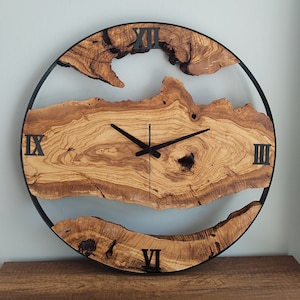 Made to Order Metal & Olive Wood Wall Clock , Big Wood and Metal Wall Clock , Live Edge Rustic Clock , Wooden Wall Art , Unique Home Gift image 2