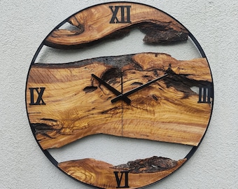 Made to Order Metall & Olivenholz Wanduhr, Große Holz und Metall Wanduhr, Live Edge Rustikale Uhr, Holz Wandkunst, Einzigartiges Haus Geschenk