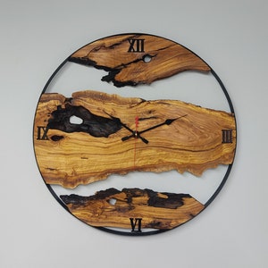 Made to Order Metal & Olive Wood Wall Clock , Big Wood and Metal Wall Clock , Live Edge Rustic Clock , Wooden Wall Art , Unique Home Gift