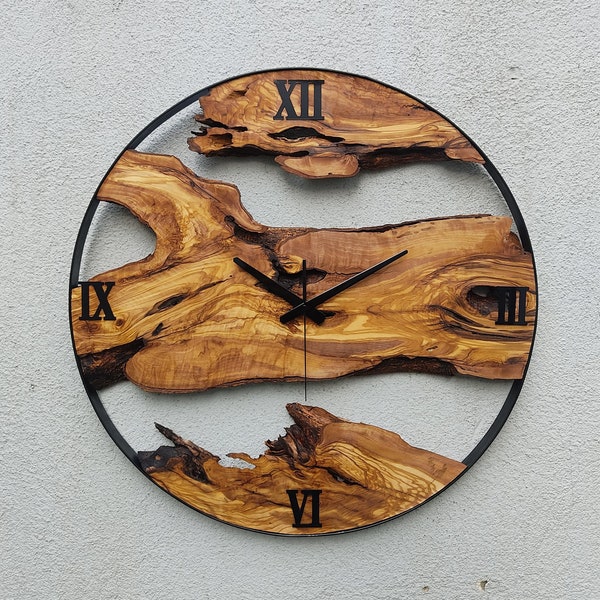 Reloj de pared de metal y madera de olivo hecho a pedido, reloj de pared grande de madera y metal, reloj rústico de borde vivo, arte de pared de madera, regalo único para el hogar