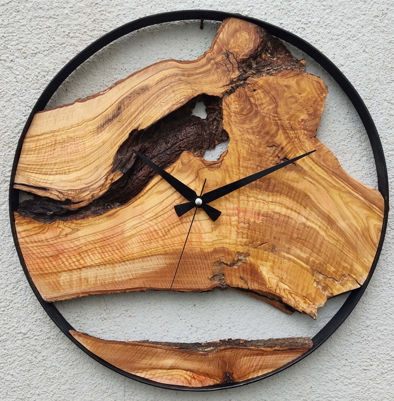 Made to Order Metal & Olive Wood Wall Clock , Big Wood and Metal Wall Clock , Live Edge Rustic Clock , Wooden Wall Art , Unique Home Gift image 10