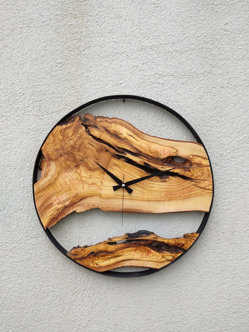 Made to Order Metal & Olive Wood Wall Clock , Big Wood and Metal Wall Clock , Live Edge Rustic Clock , Wooden Wall Art , Unique Home Gift image 2