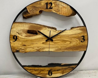 Made to Order Metal & Olive Wood Wall Clock , Christmas Gift, Handmade decor, Wood and Metal Wall Clock , Live Edge Rustic Clock