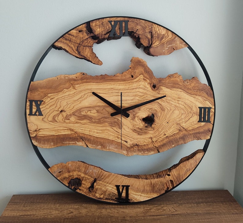 Made to Order Metal & Olive Wood Wall Clock , Big Wood and Metal Wall Clock , Live Edge Rustic Clock , Wooden Wall Art , Unique Home Gift image 2