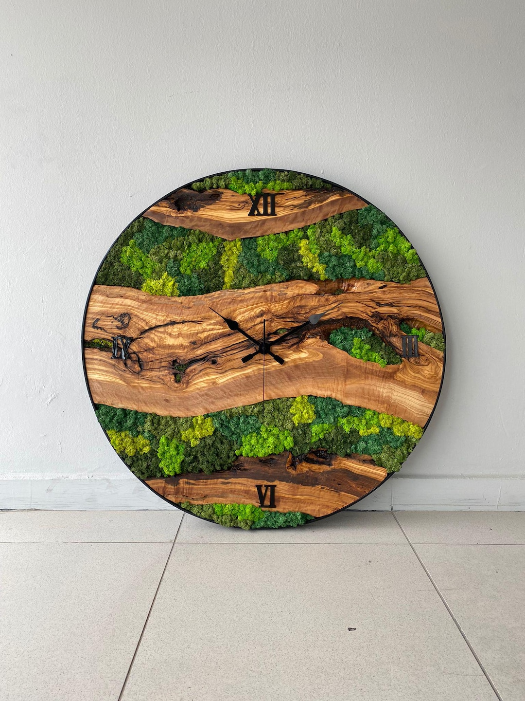 Elegant Olive Wood Wall Clock With Moss, Handcrafted and Stylish ...