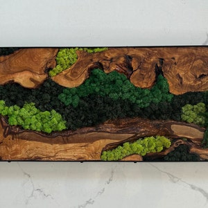 Custom Made Moss and Olive Wood Wall Art, Handmade Gift,Metal Frame Moss Wall Decor, Olive Wood and Moss Wall Art, Preserved Stabilized Moss