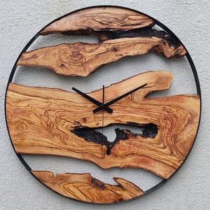Made to Order Metal & Olive Wood Wall Clock , Big Wood and Metal Wall Clock , Live Edge Rustic Clock , Wooden Wall Art , Unique Home Gift image 4