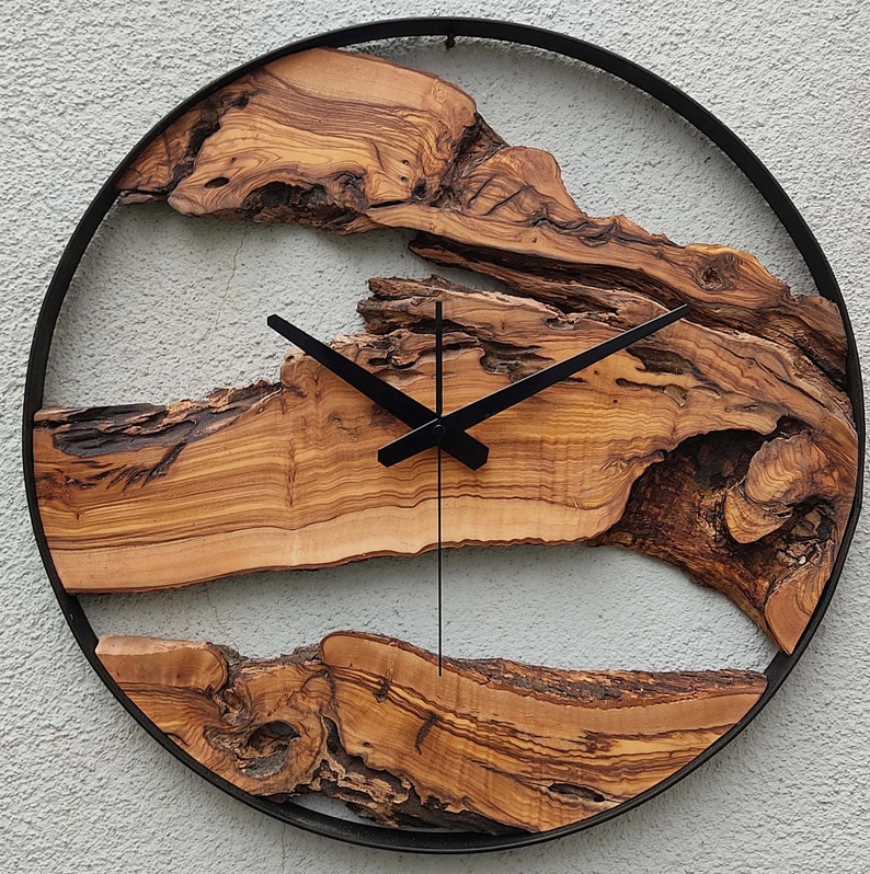 Made to Order Metal & Olive Wood Wall Clock , Big Wood and Metal Wall Clock , Live Edge Rustic Clock , Wooden Wall Art , Unique Home Gift image 9