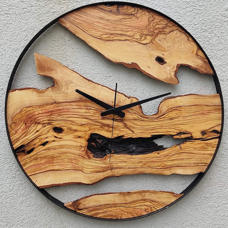 Made to Order Metal & Olive Wood Wall Clock , Big Wood and Metal Wall Clock , Live Edge Rustic Clock , Wooden Wall Art , Unique Home Gift image 8