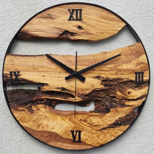 Made to Order Metal & Olive Wood Wall Clock , Big Wood and Metal Wall Clock , Live Edge Rustic Clock , Wooden Wall Art , Unique Home Gift image 7