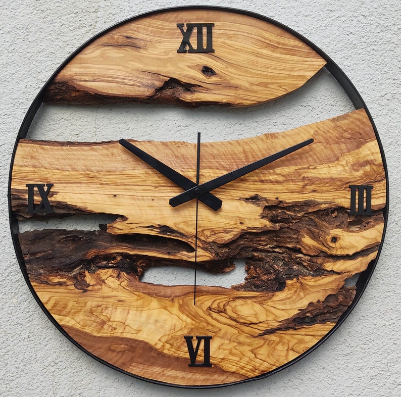 Made to Order Metal & Olive Wood Wall Clock , Big Wood and Metal Wall Clock , Live Edge Rustic Clock , Wooden Wall Art , Unique Home Gift image 7