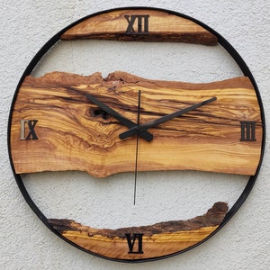 Made to Order Metal & Olive Wood Wall Clock , Big Wood and Metal Wall Clock , Live Edge Rustic Clock , Wooden Wall Art , Unique Home Gift image 6