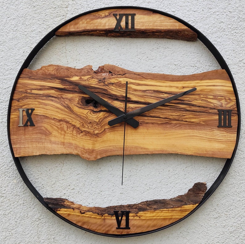 Made to Order Metal & Olive Wood Wall Clock , Big Wood and Metal Wall Clock , Live Edge Rustic Clock , Wooden Wall Art , Unique Home Gift image 6