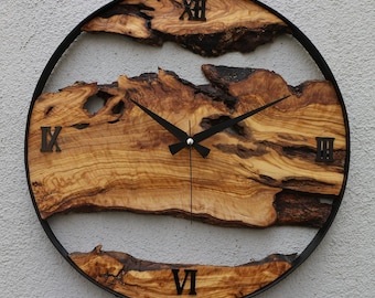 Reloj de pared de metal y madera de olivo hecho a pedido, reloj de pared grande de madera y metal, reloj rústico de borde vivo, arte de pared de madera, regalo único para el hogar