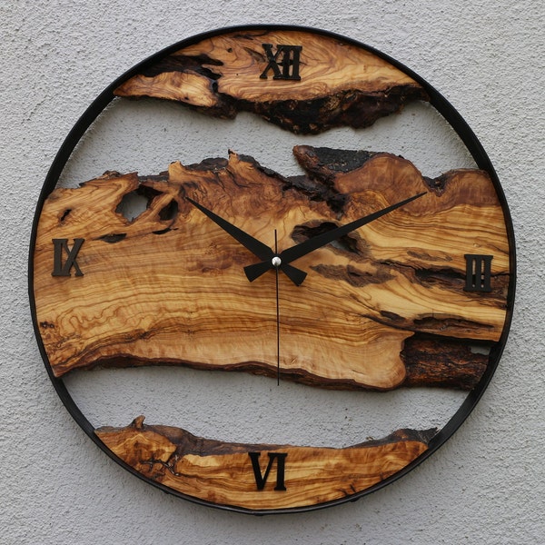 Reloj de pared de metal y madera de olivo hecho a pedido, reloj de pared grande de madera y metal, reloj rústico de borde vivo, arte de pared de madera, regalo único para el hogar