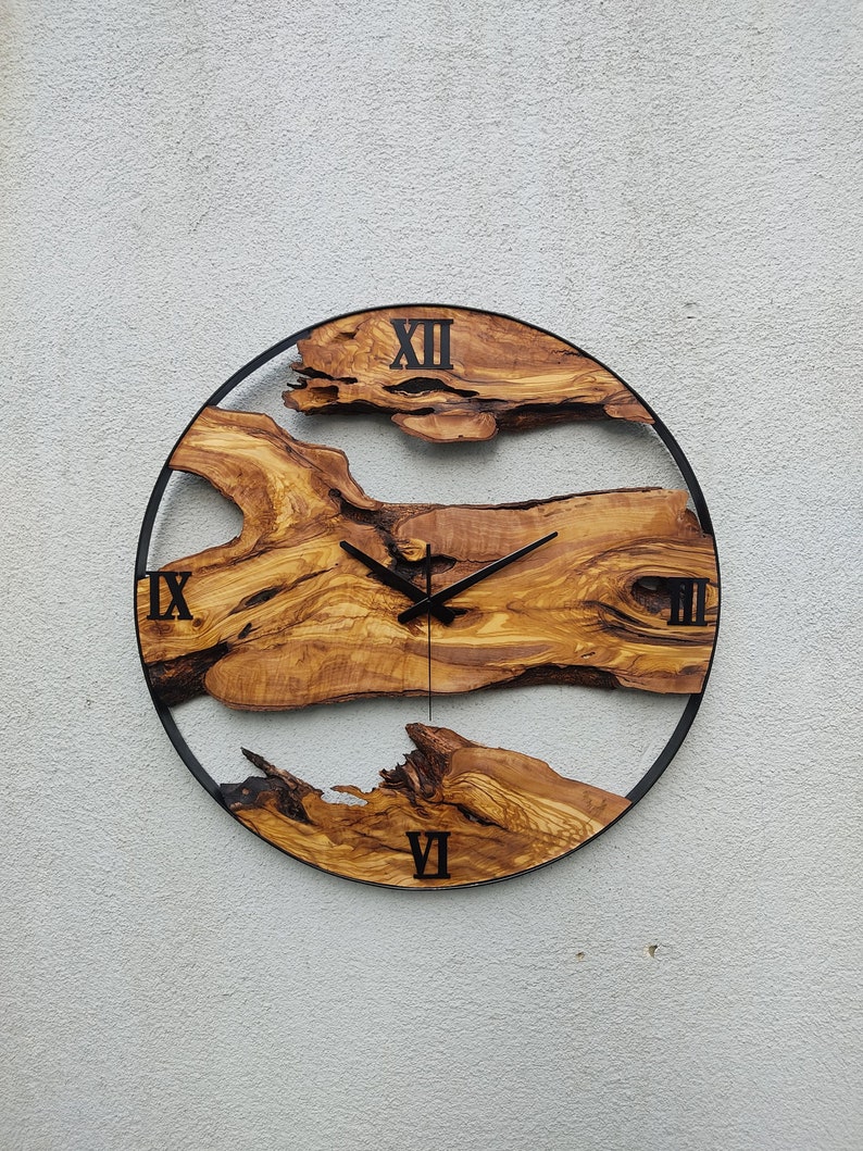 Made to Order Metal & Olive Wood Wall Clock , Big Wood and Metal Wall Clock , Live Edge Rustic Clock , Wooden Wall Art , Unique Home Gift image 1