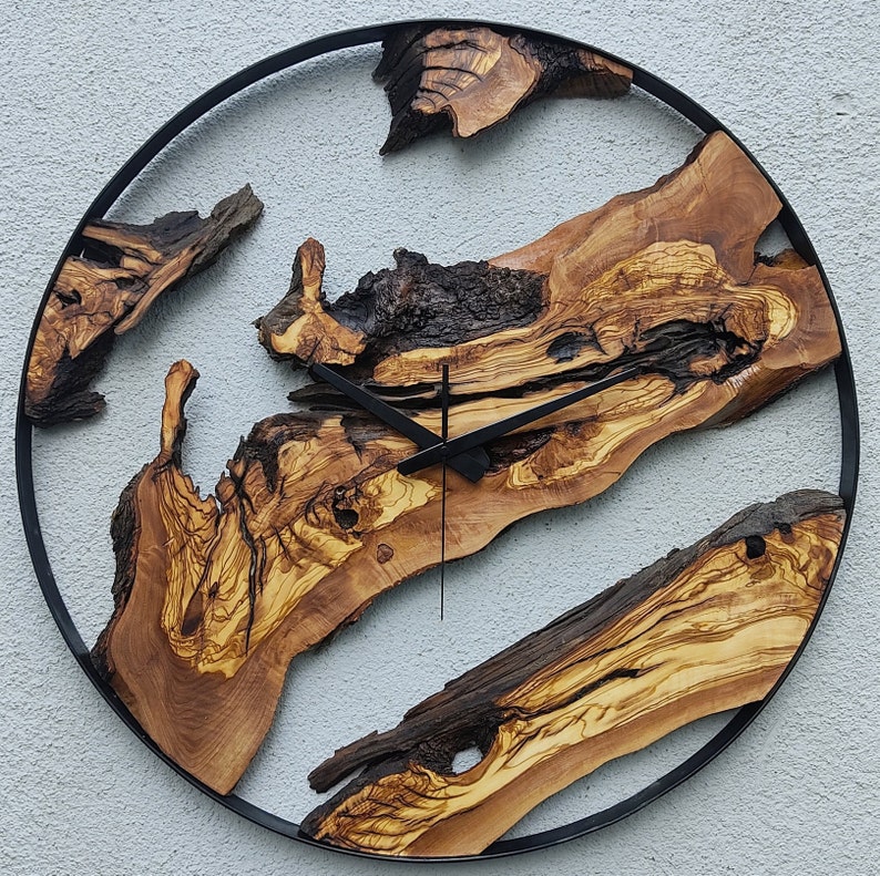 Made to Order Metal & Olive Wood Wall Clock , Big Wood and Metal Wall Clock , Live Edge Rustic Clock , Wooden Wall Art , Unique Home Gift image 3
