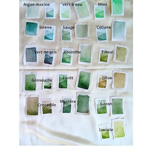 Nuances de vert, Aquarelle artisanale faite-main, peinture granuleuse au miel de qualité artistique, idéale pour la création