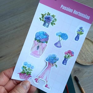 Planche Stickers autocollant "Passion hortensias", réalisé à l’aquarelle, pour carnets, papeterie, décoration scrapbooking
