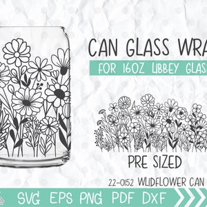 Wildflower Can Glass Wrap SVG, Wildflower print Libbey 16oz can glass svg, Floral line art Can Glass svg, Svg, Png, DXF files for Cricut