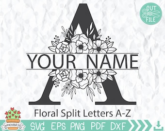 Podzielone litery monogramu A-Z – natychmiastowe pobranie cyfrowe – pliki SVG, PNG, DXF i EPS w zestawie! Kwiat alfabetu na ślub, koszule