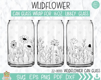 Wildflower Can Glass Wrap SVG, Wildflower print Libbey 16oz can glass svg, Floral line art Can Glass svg, Svg, Png, DXF files for Cricut