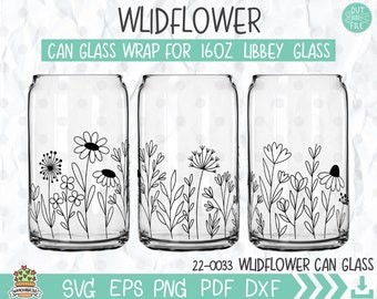 Wildflower Can Glass Wrap SVG, Wildflower print Libbey 16oz can glass svg, Floral line art Can Glass svg, Svg, Png, DXF files for Cricut