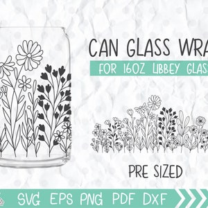 Wildflower Can Glass Wrap SVG, Wildflower print Libbey 16oz can glass svg, Floral line art Can Glass svg, Svg, Png, DXF files for Cricut