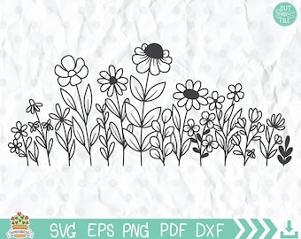 Wildflower svg, Wildflowers meadow border svg, Flowers And Leaf Clipart, Flower Svg Files For Cricut And Silhouette, Flower svg cut files.
