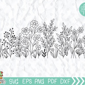 Svg de flores silvestres e folhas, arquivos de corte Svg de flores silvestres em flor desenhados à mão, Svg de flores, arquivos de corte Svg batanical floral para Cricut e silhueta