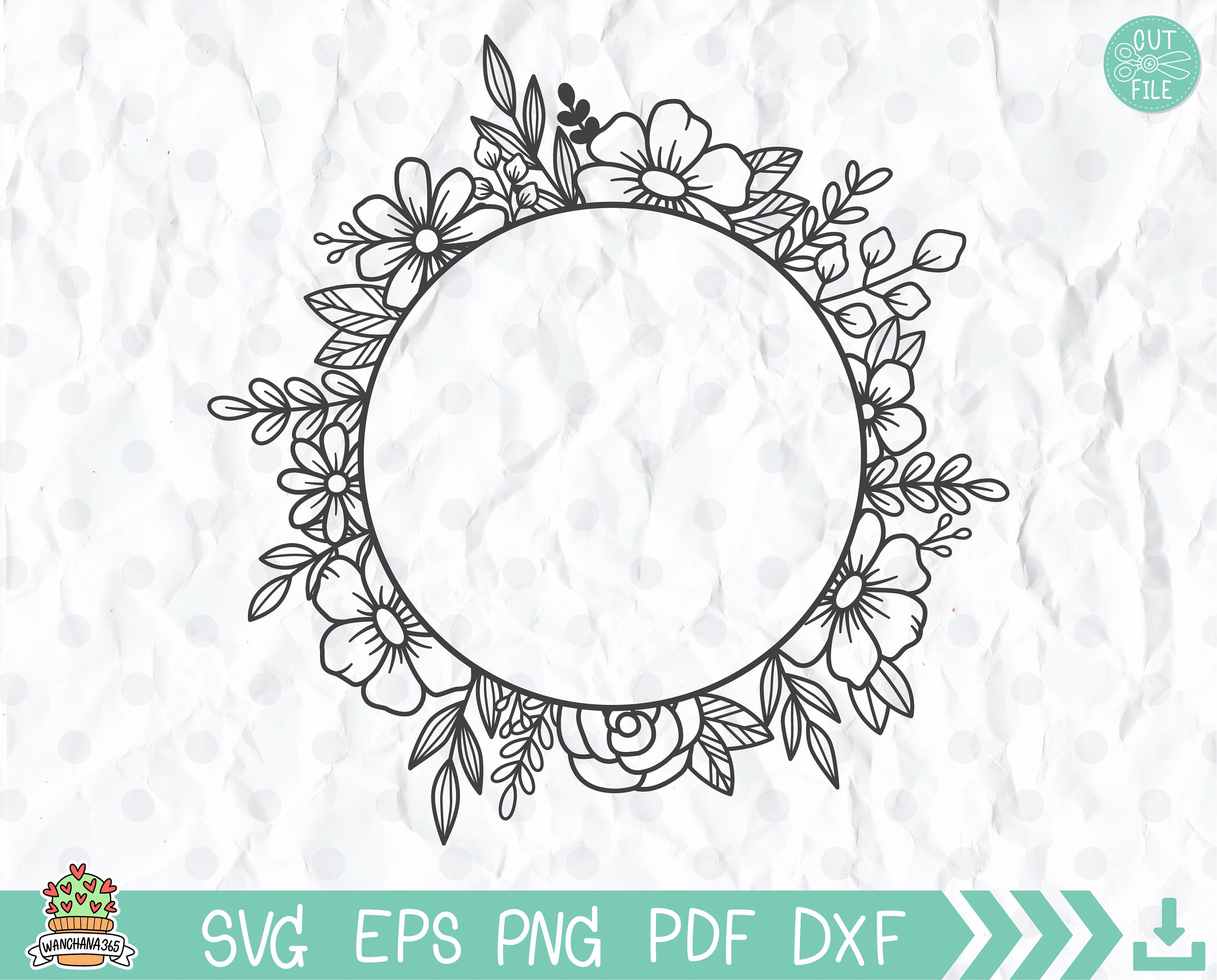 Wreath SVG, outline rose flower frame, round floral frame.