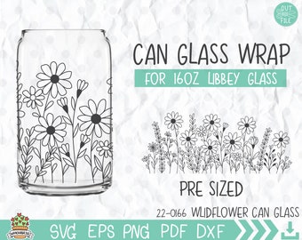 May include: A clear can glass wrap design with a black and white wildflower illustration. Text reads "CAN GLASS WRAP" and "FOR 16OZ LIBBEY GLASS". The design is pre-sized for a 473ml Libbey glass.