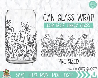Envoltura de vidrio para latas Libbey con flores silvestres SVG: Arte lineal floral (archivos digitales)