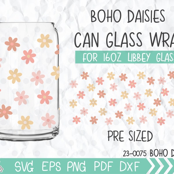 Beer can glass svg Daisy full wrap template svg, Boho Daisies Libbey Glass, svg files for cricut, gift for her, minimalist