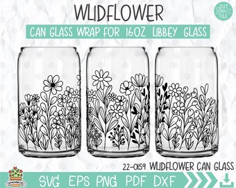 May include: A digital design for a 16 ounce can glass wrap featuring a black and white outline of wildflowers. The design is labelled "Wildflower Can Glass".