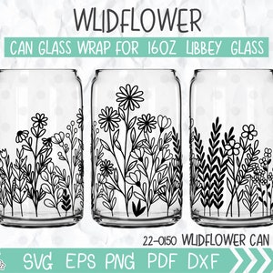 Wildflower Can Glass Wrap SVG, Wildflower print Libbey 16oz can glass svg, Floral line art Can Glass svg, Svg, Png, DXF files for Cricut