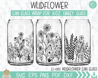May include: Three 16oz glass can wraps with a black and white floral design. The design features a variety of flowers and leaves. The text "WILD FLOWER CAN GLASS" is printed below the glasses.