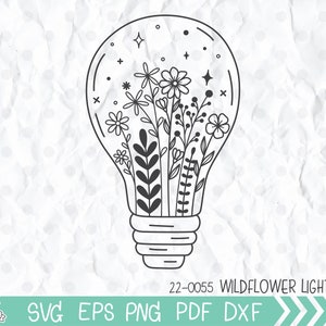 Bombilla de flores silvestres svg, bombilla de luz svg, bombilla de flores silvestres archivo de corte svg, archivo de corte svg de flores silvestres para Cricut y silueta