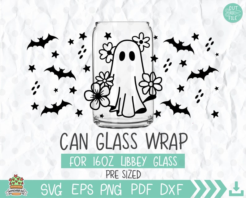 May include: A black and white digital design featuring a ghost with flowers and bats. The design is for a 16 ounce can glass wrap. The text "CAN GLASS WRAP" and "FOR 16OZ LIBBEY GLASS" is included in the design. The text "PRE SIZED" is also included in the design. The design is available in SVG, EPS, PNG, PDF, and DXF formats.